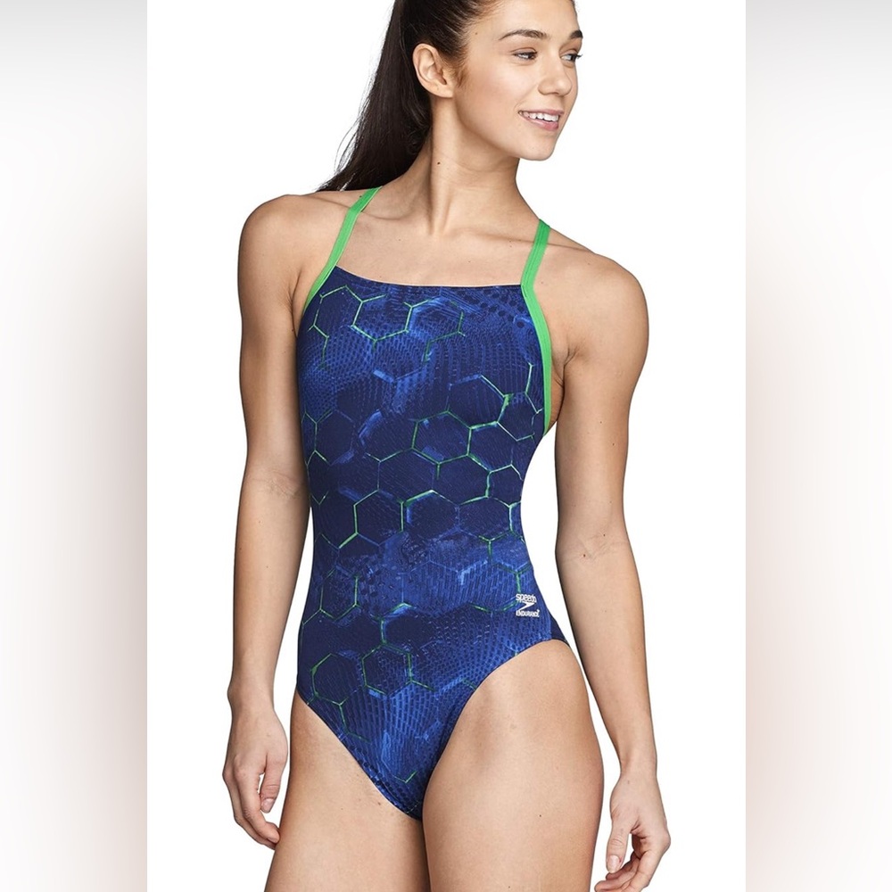 Speedo Endurance Plus Navy Green Print Swimsuit Women’s size 30